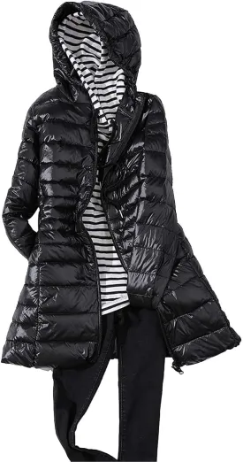 Women's Solid Color Mid Length Hooded Down Jacket with Drawstring Slim Fit Portable Outerwear Warmest Winter for