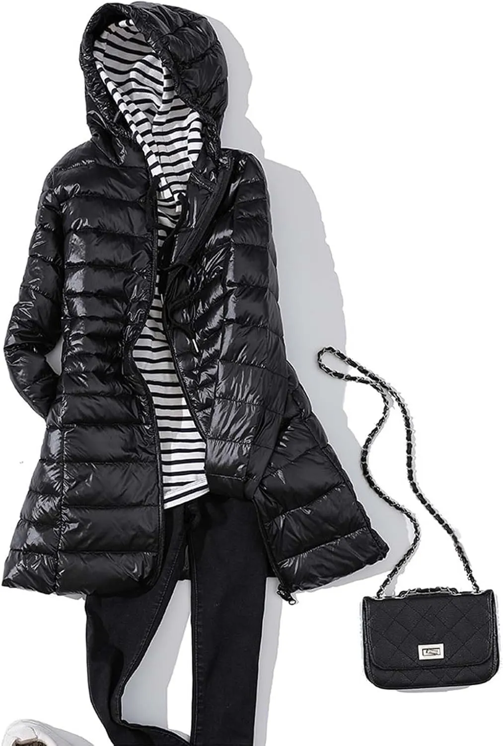 Women's Solid Color Mid Length Hooded Down Jacket with Drawstring Slim Fit Portable Outerwear Warmest Winter for