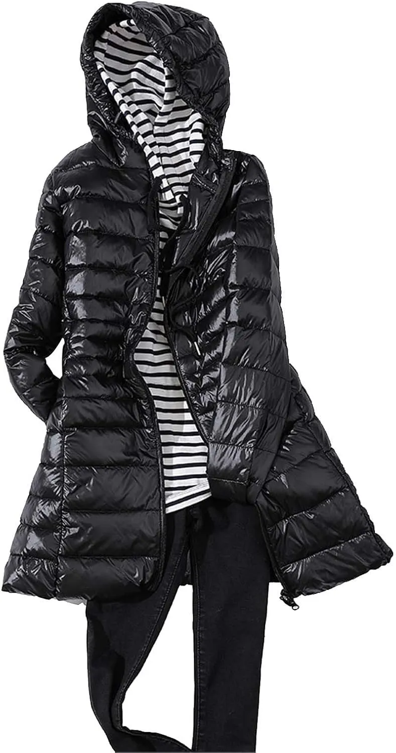 Women's Solid Color Mid Length Hooded Down Jacket with Drawstring Slim Fit Portable Outerwear Warmest Winter for