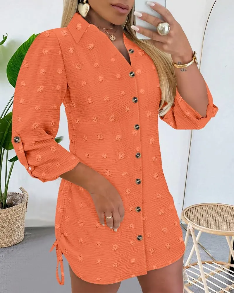 Womens Spring Casual Dress 2025 Swiss Dot Long Sleeve Shirt Dress Casual Button Down Dressy Dress