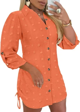 Womens Spring Casual Dress 2025 Swiss Dot Long Sleeve Shirt Dress Casual Button Down Dressy Dress