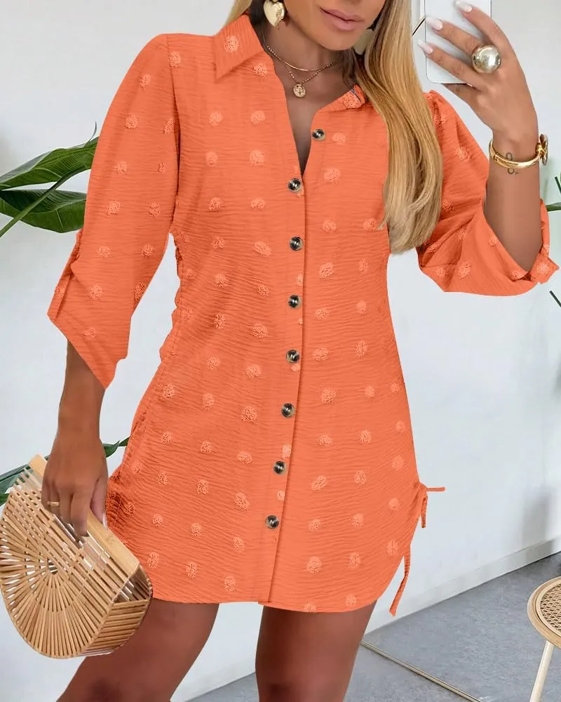 Womens Spring Casual Dress 2025 Swiss Dot Long Sleeve Shirt Dress Casual Button Down Dressy Dress