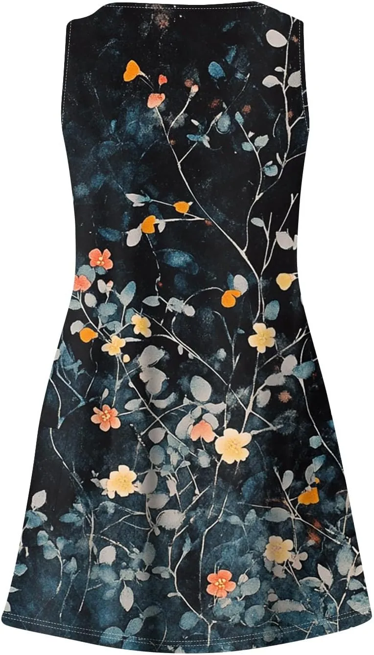 Womens Summer Dresses 2025 Vacation Dress with Pocket Printed V Neck Swimsuit Coverup Casual Sleeveless Sundress