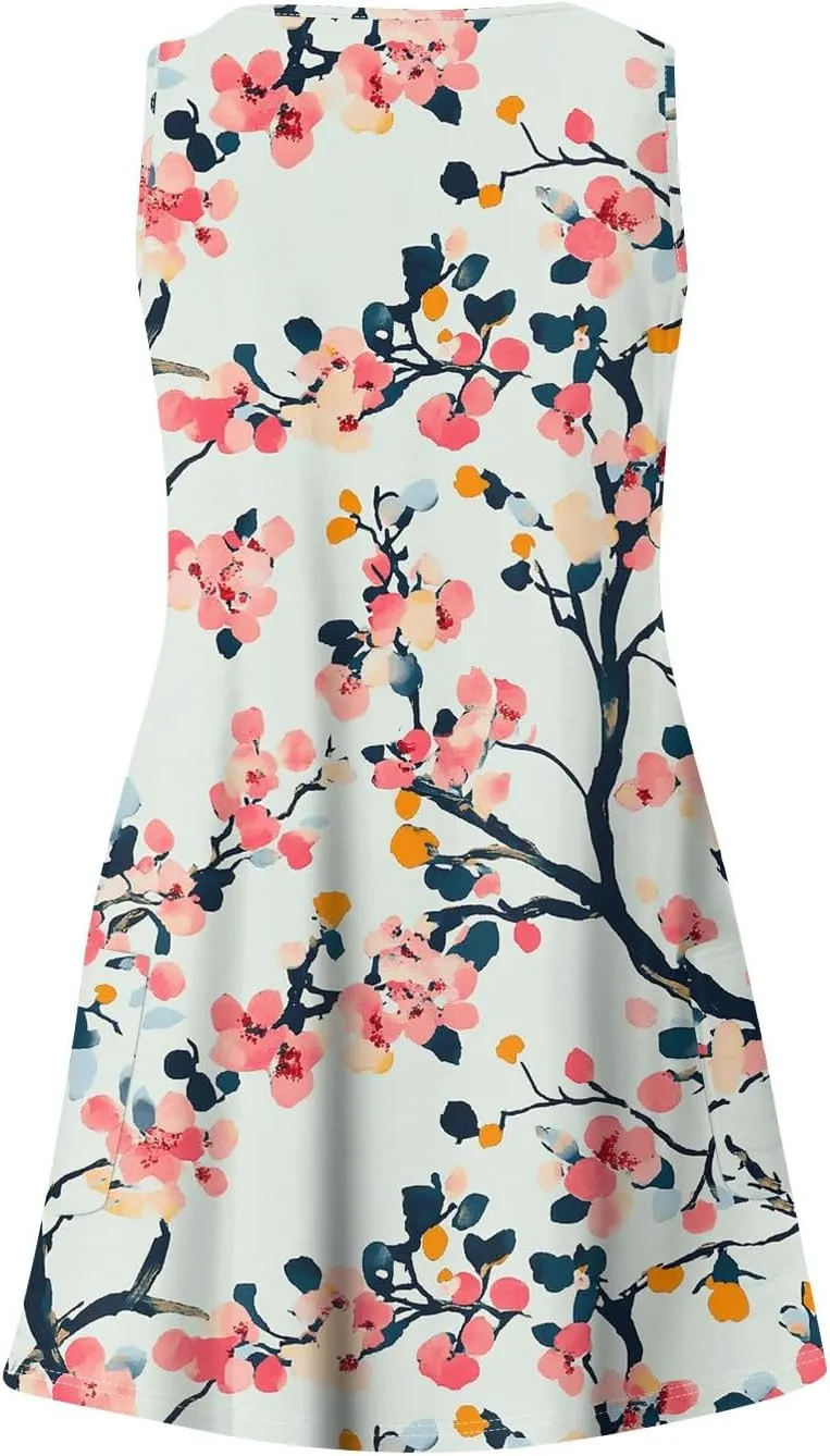 Womens Summer Dresses 2025 Vacation Dress with Pocket Printed V Neck Swimsuit Coverup Casual Sleeveless Sundress