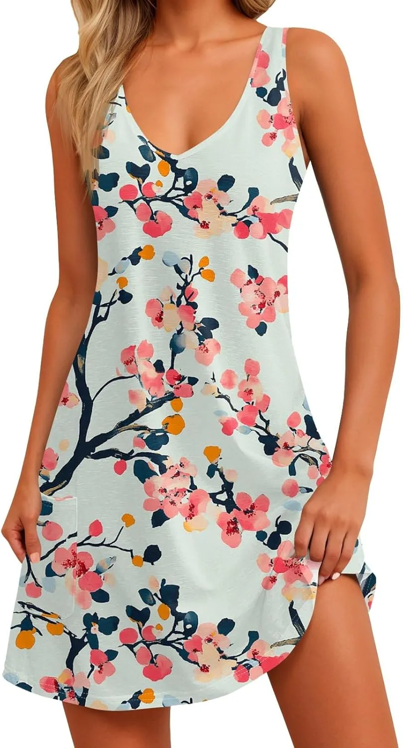 Womens Summer Dresses 2025 Vacation Dress with Pocket Printed V Neck Swimsuit Coverup Casual Sleeveless Sundress