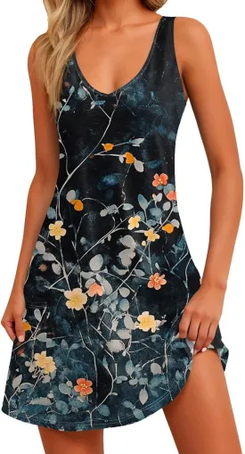 Womens Summer Dresses 2025 Vacation Dress with Pocket Printed V Neck Swimsuit Coverup Casual Sleeveless Sundress
