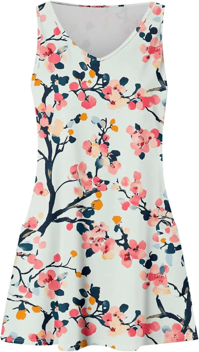 Womens Summer Dresses 2025 Vacation Dress with Pocket Printed V Neck Swimsuit Coverup Casual Sleeveless Sundress