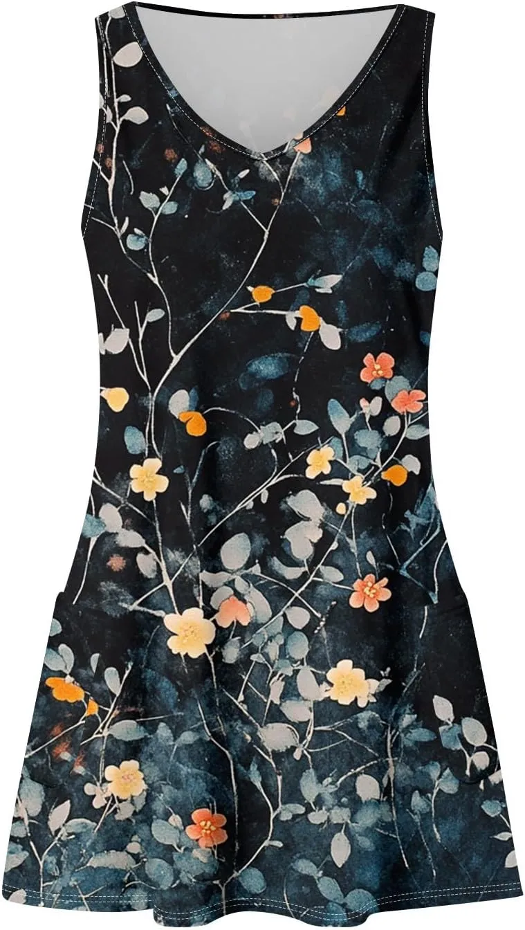 Womens Summer Dresses 2025 Vacation Dress with Pocket Printed V Neck Swimsuit Coverup Casual Sleeveless Sundress