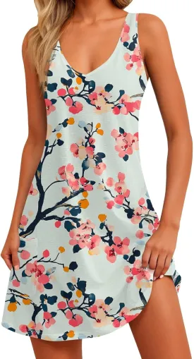 Womens Summer Dresses 2025 Vacation Dress with Pocket Printed V Neck Swimsuit Coverup Casual Sleeveless Sundress