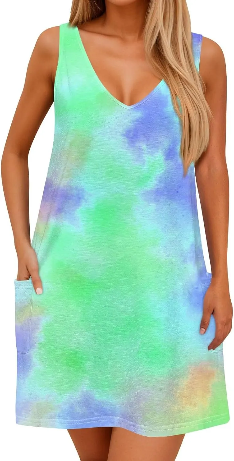 Women's Summer Dresses Casual Beach Swimsuit Coverup V Neck Sleeveless Dress with Pocket 2025 Printed Sundress
