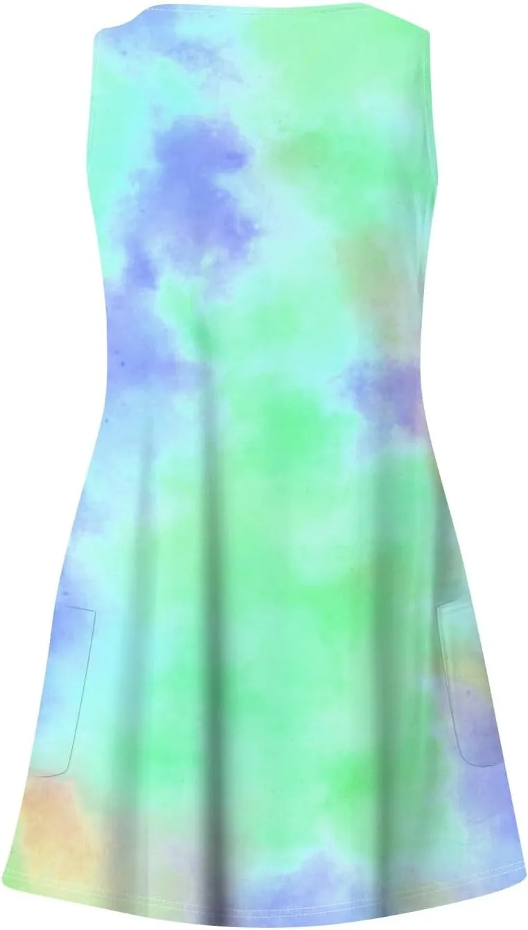 Women's Summer Dresses Casual Beach Swimsuit Coverup V Neck Sleeveless Dress with Pocket 2025 Printed Sundress