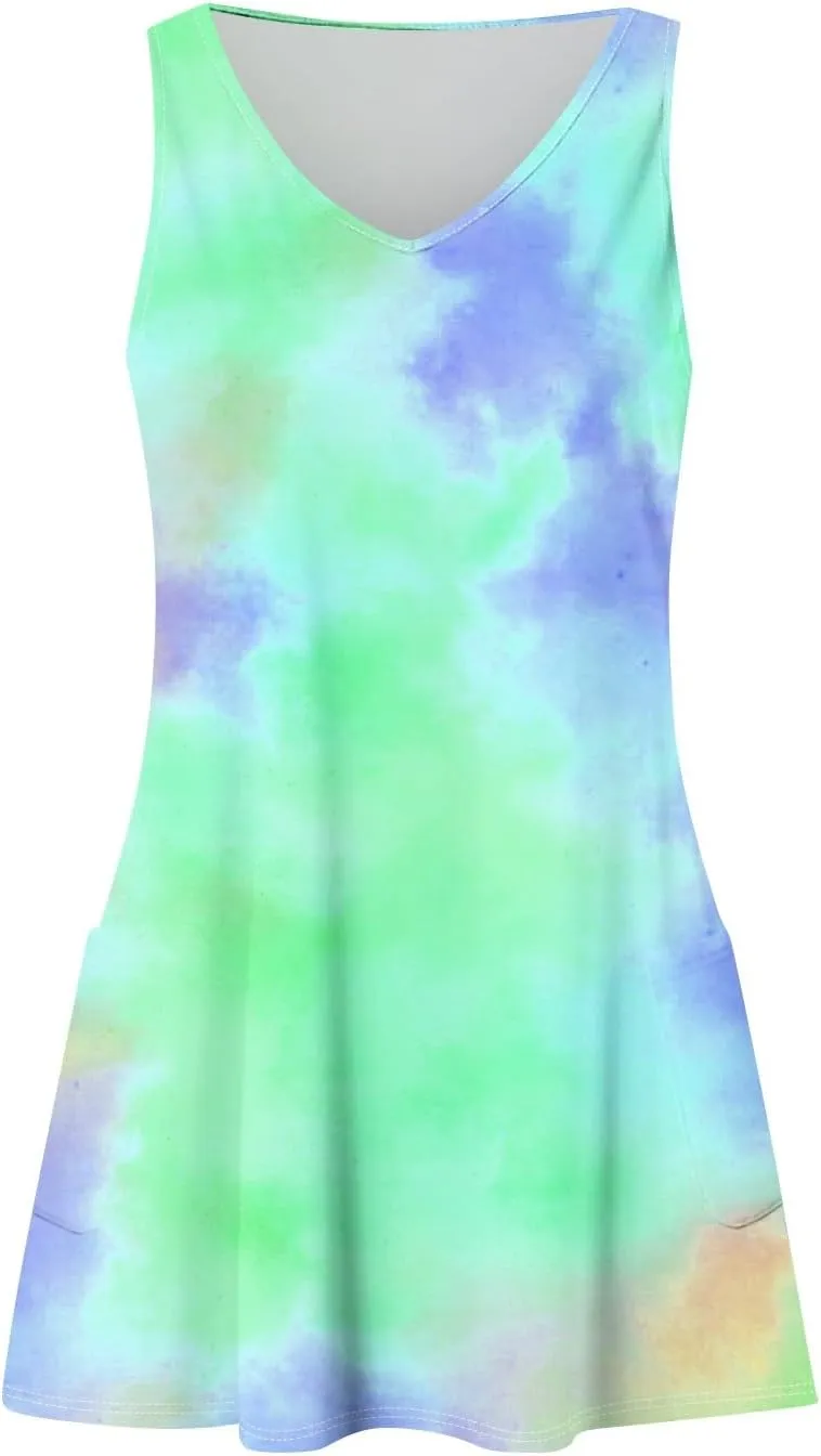 Women's Summer Dresses Casual Beach Swimsuit Coverup V Neck Sleeveless Dress with Pocket 2025 Printed Sundress