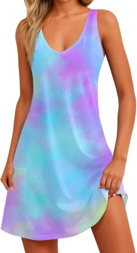 Womens Summer Dresses Printed Sleeveless Sundress Vacation Beach Dress with Pocket V Neck Casual Swimsuit Coverup
