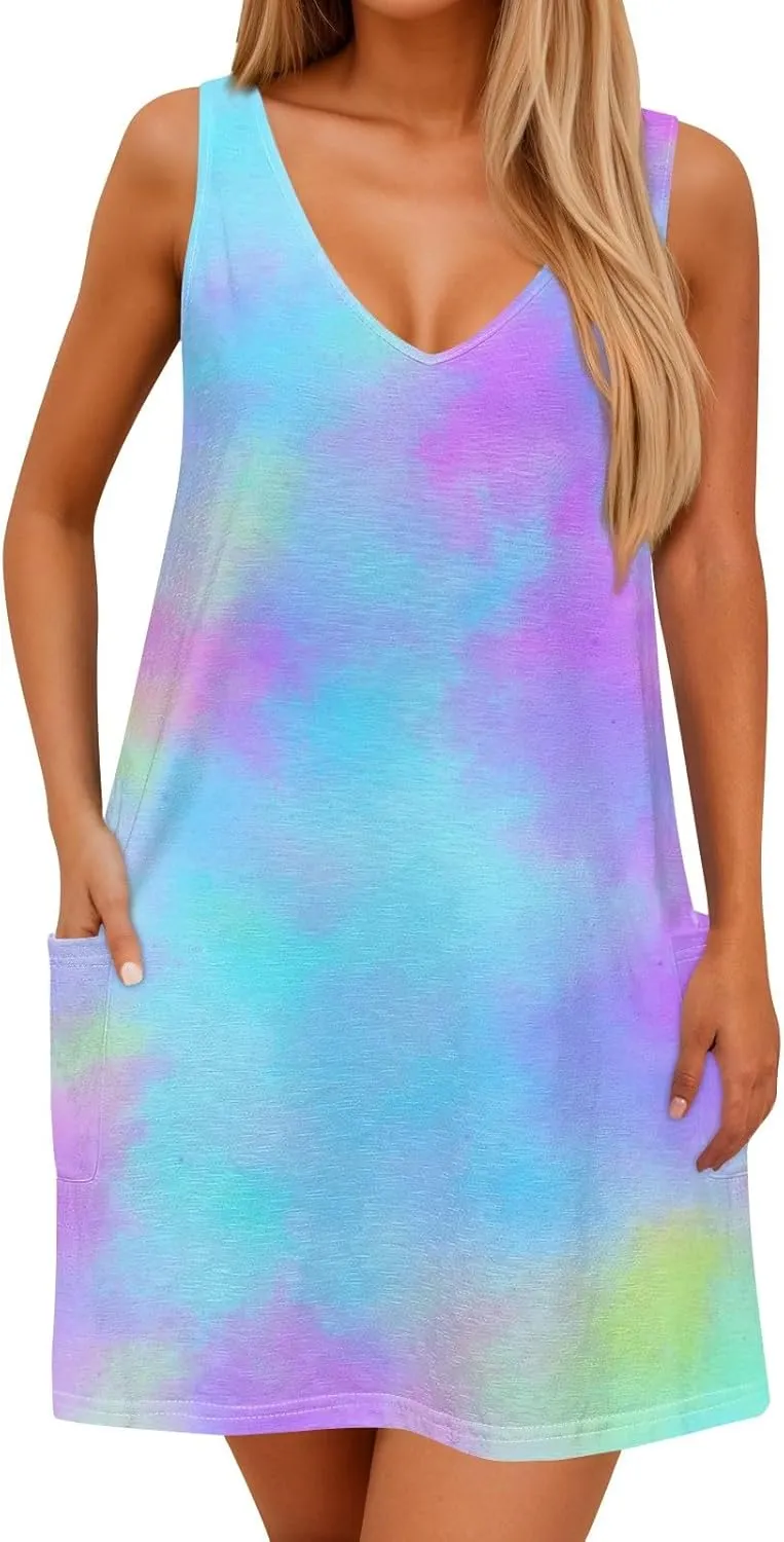 Womens Summer Dresses Printed Sleeveless Sundress Vacation Beach Dress with Pocket V Neck Casual Swimsuit Coverup