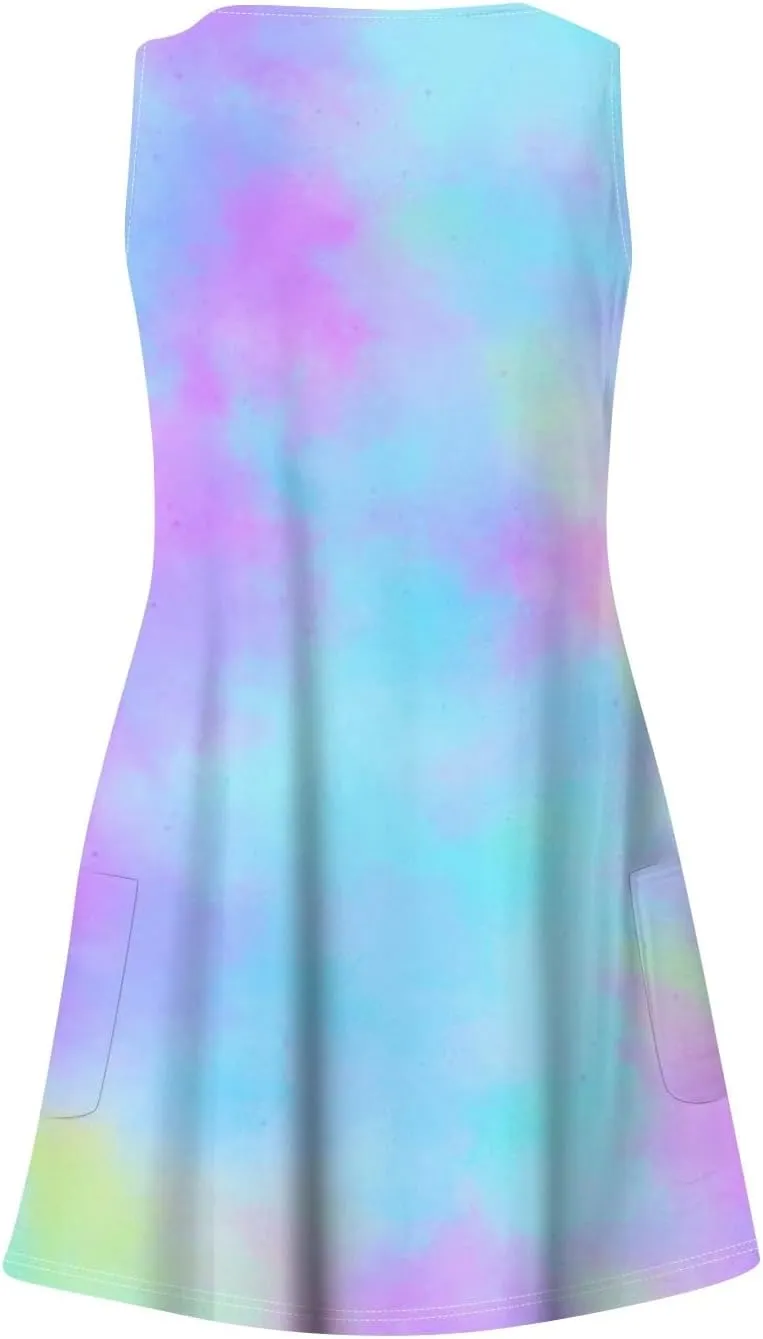 Womens Summer Dresses Printed Sleeveless Sundress Vacation Beach Dress with Pocket V Neck Casual Swimsuit Coverup
