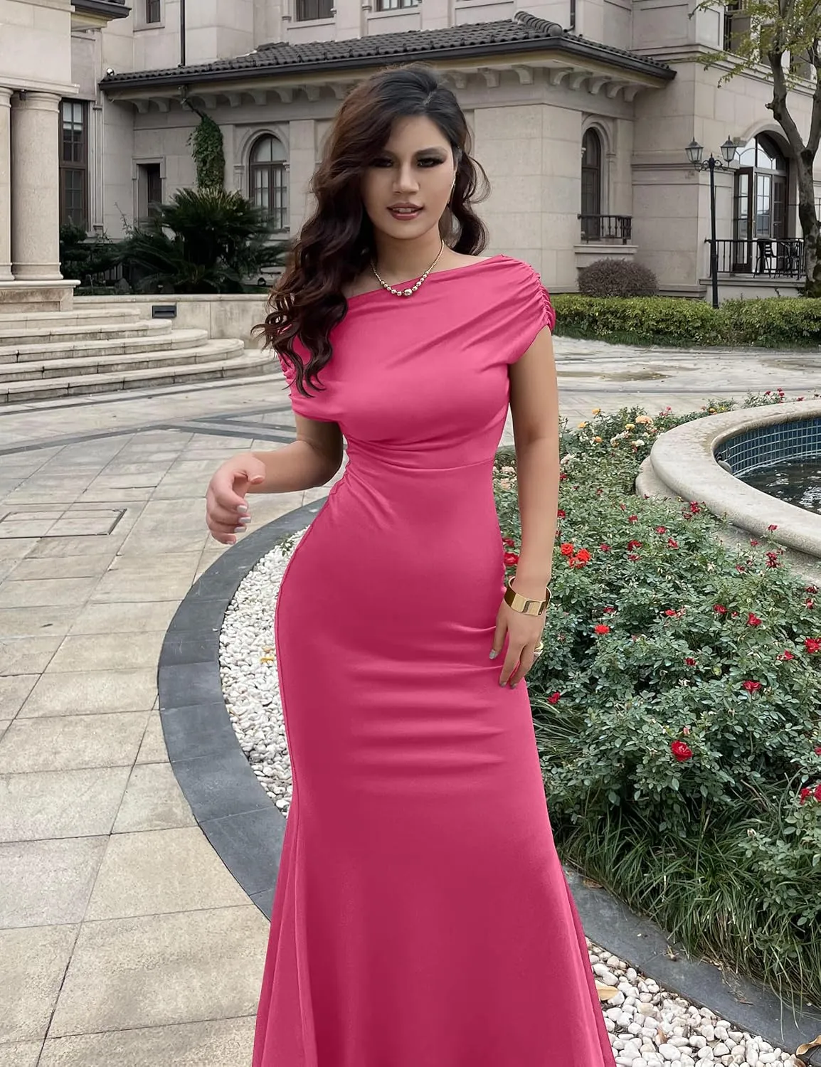 YMDUCH Women's Elegant Sleeveless Off Shoulder Bodycon Long Formal Party Evening Dress